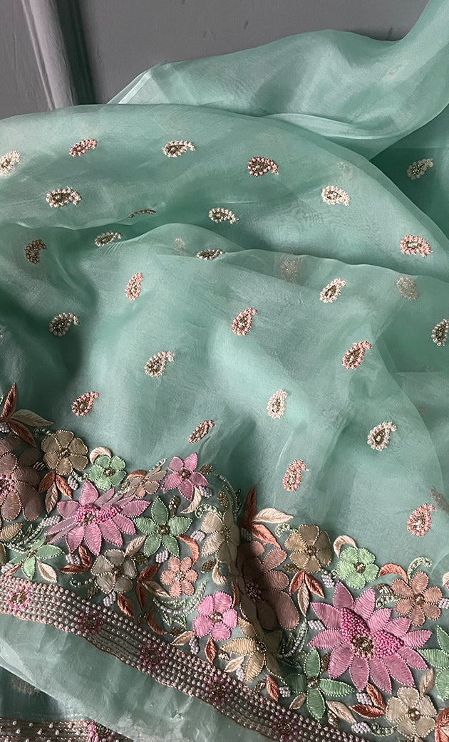 Women's Lakhnavi Handcrafted Pure Organza Silk Chikankari Unstitched Full Suit Material - HONC0267229
