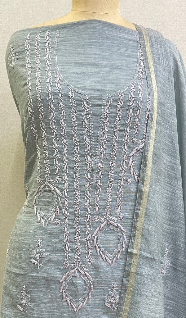 Women's Lakhnavi Handcrafted Chanderi Silk Chikankari Full Suit Material - HONC0110255