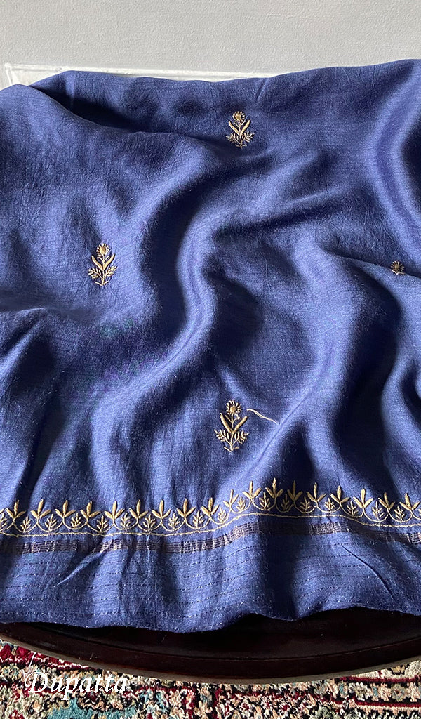 Women's Lakhnavi Handcrafted Unstitched Munga Silk Chikankari Kurta And Dupatta Set- HONC0357039