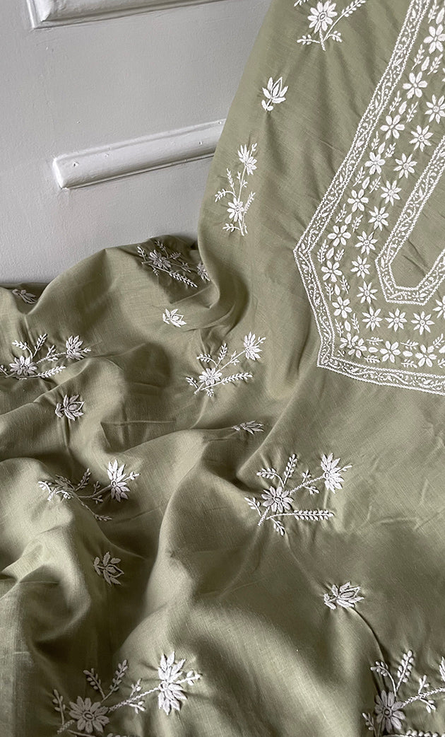 Women's Lakhnavi Handcrafted Unstitched Cotton Chikankari Suit Material - HONC0317004