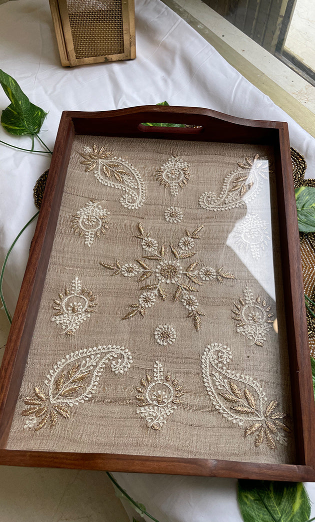 Chikankari Wooden Serving Tray - HONC0308893
