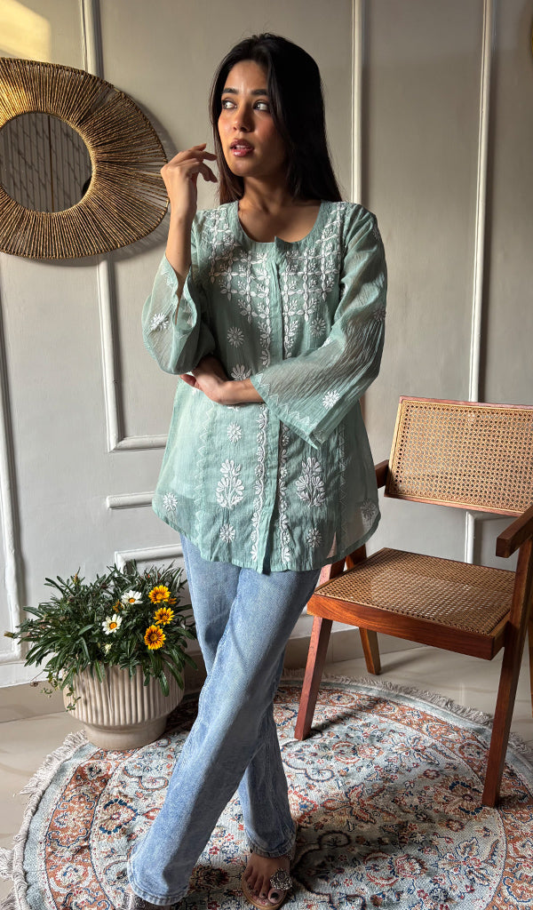 Vaanya Women's Lakhnavi Handcrafted Mul Chanderi Chikankari Top - HONC0334161