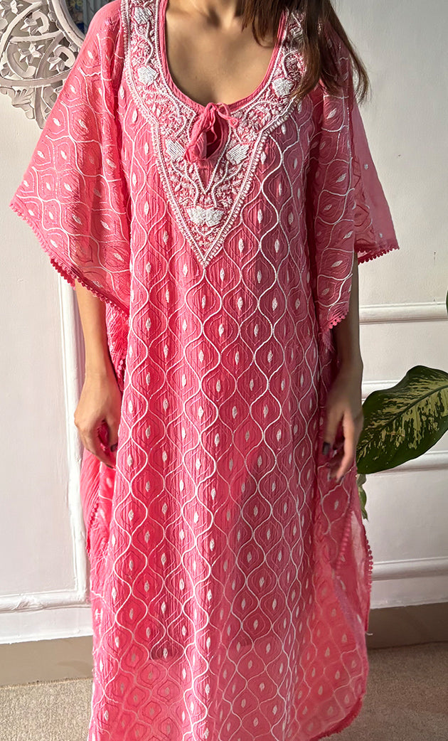 Rabia Women's Lucknowi Handcrafted Mul chanderi Chikankari Kaftan - HONC0313260