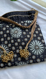 Load image into Gallery viewer, Black Chikankari Embroidered Potli Bag with Golden Bead Tassels - HONC0316098