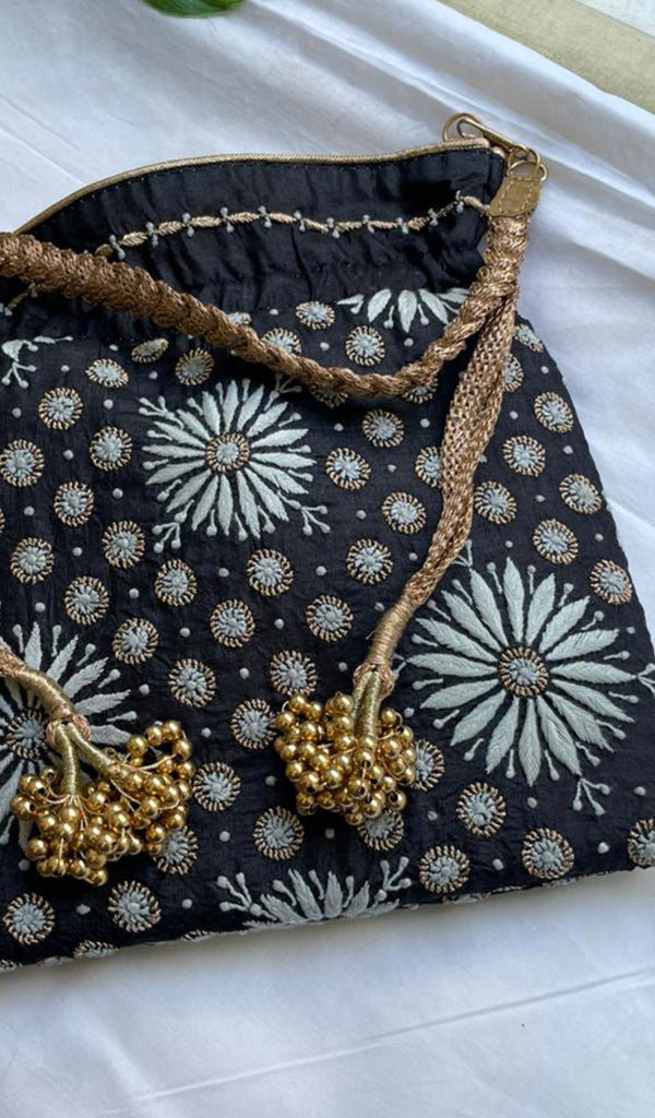 Black Chikankari Embroidered Potli Clutch Bag with Golden Bead Tassels - HONC0316098