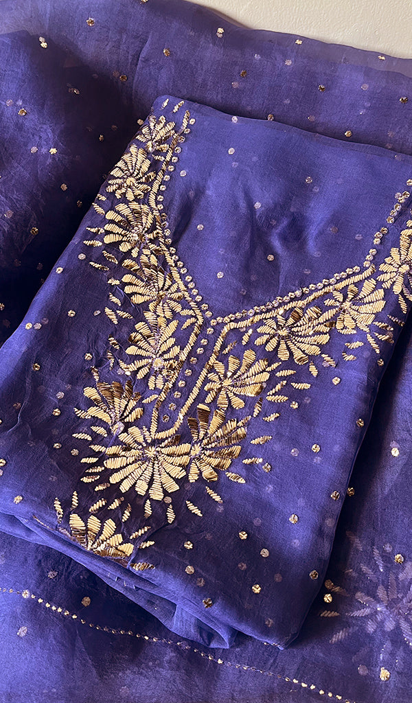 Marifa Women's Lakhnavi Handcrafted Pure Organza Chikankari Unstitched Kurta And Dupatta Set- HONC0255851