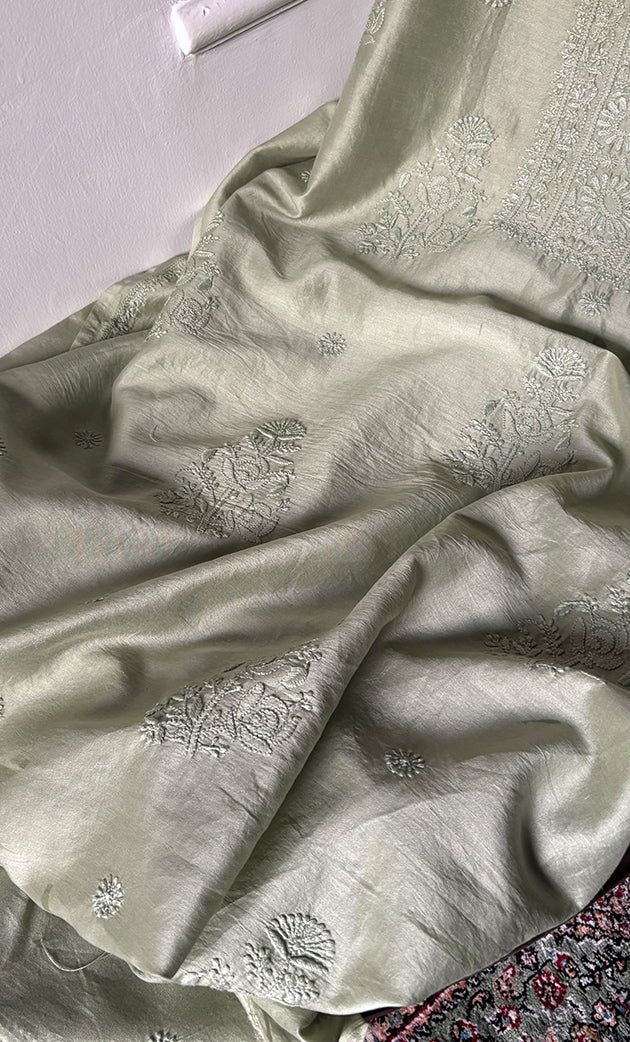 Women's Lucknowi Handcrafted Chanderi Silk Chikankari Full Suit Material - HONC0322746