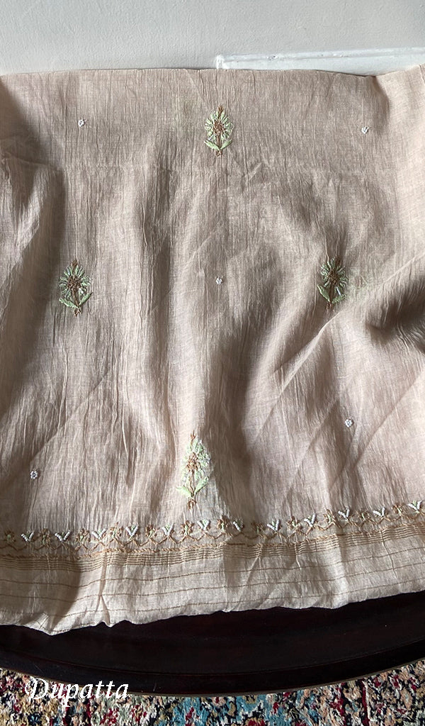 Women's Lucknowi Handcrafted Mul Chanderi Semi - stitched Chikankari Anarkali Full Set - HONC0371981
