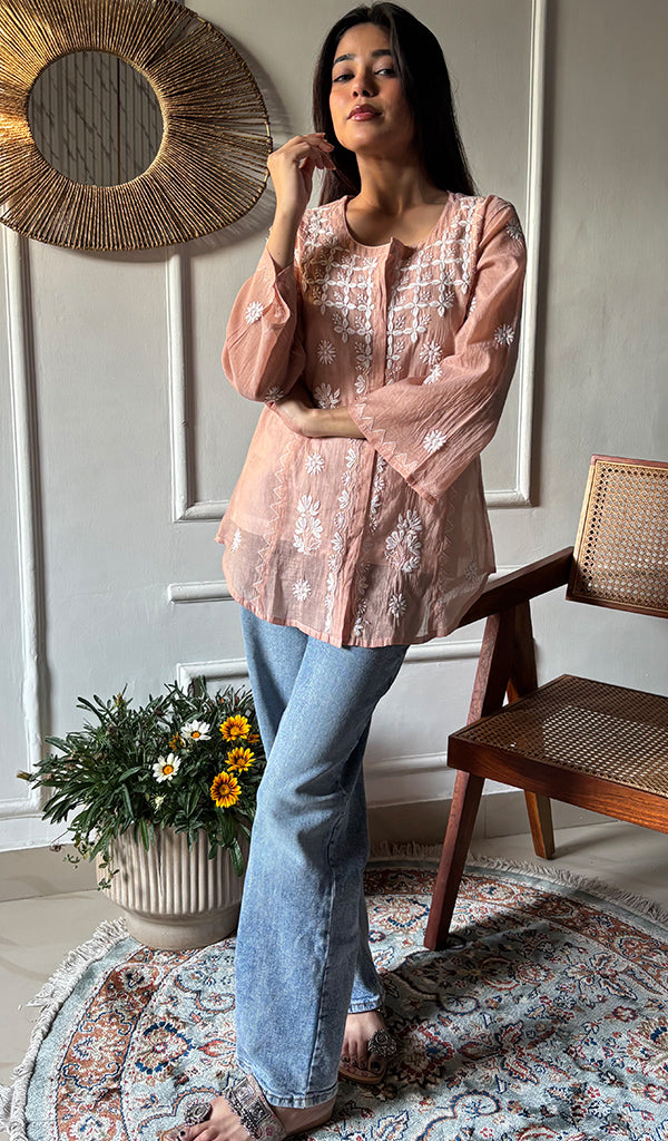 Vaanya Women's Lakhnavi Handcrafted Mul Chanderi Chikankari Top - HONC0334143