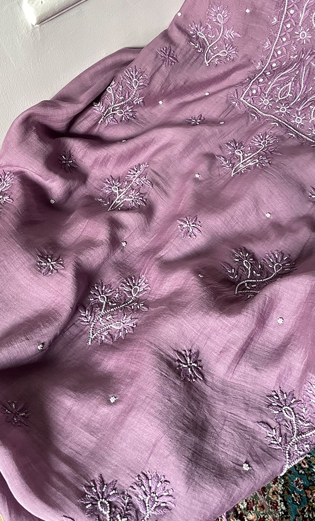 Women's Lakhnavi Handcrafted Mul Chanderi Unstitched Chikankari Full Suit Material - HONC