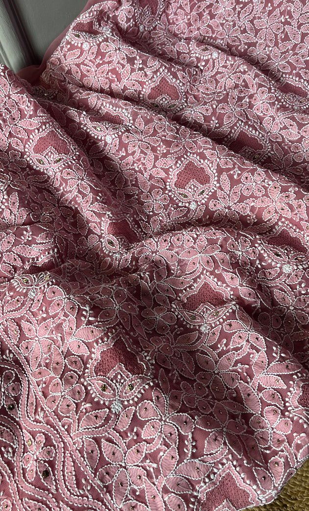 Women's Lakhnavi Handcrafted Unstitched Faux-Georgette Chikankari Suit Material - HONC0263369