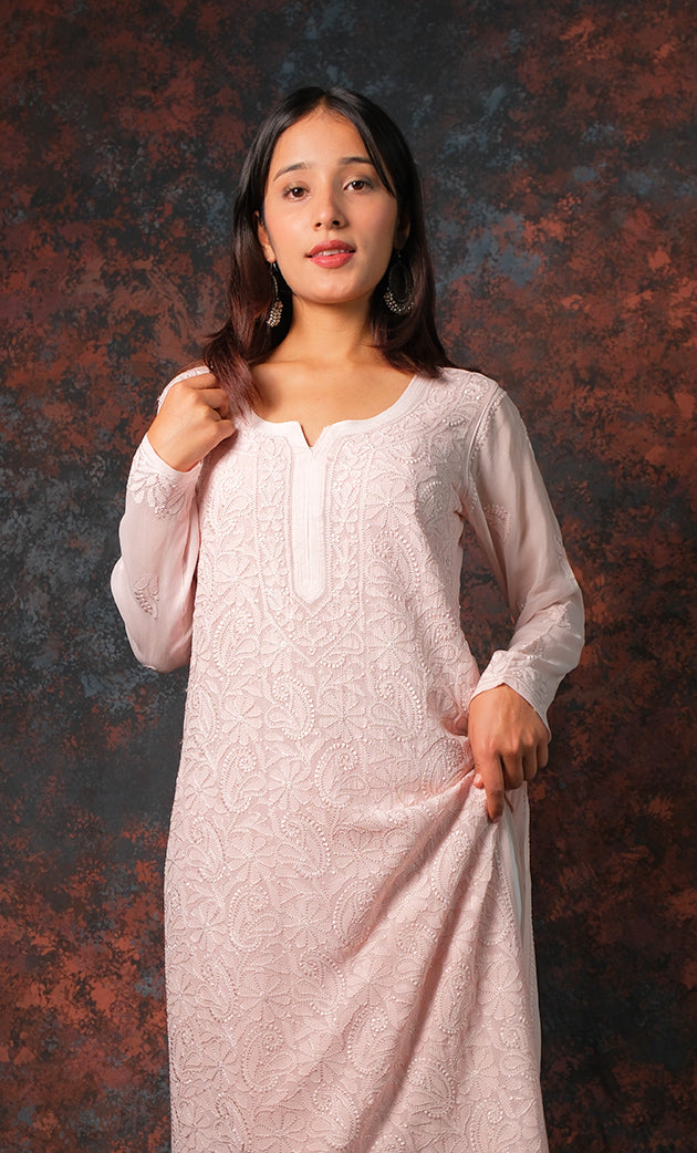 Yusra Women's Lakhnavi Handcrafted Viscose Georgette Chikankari Kurti- HONC0327253