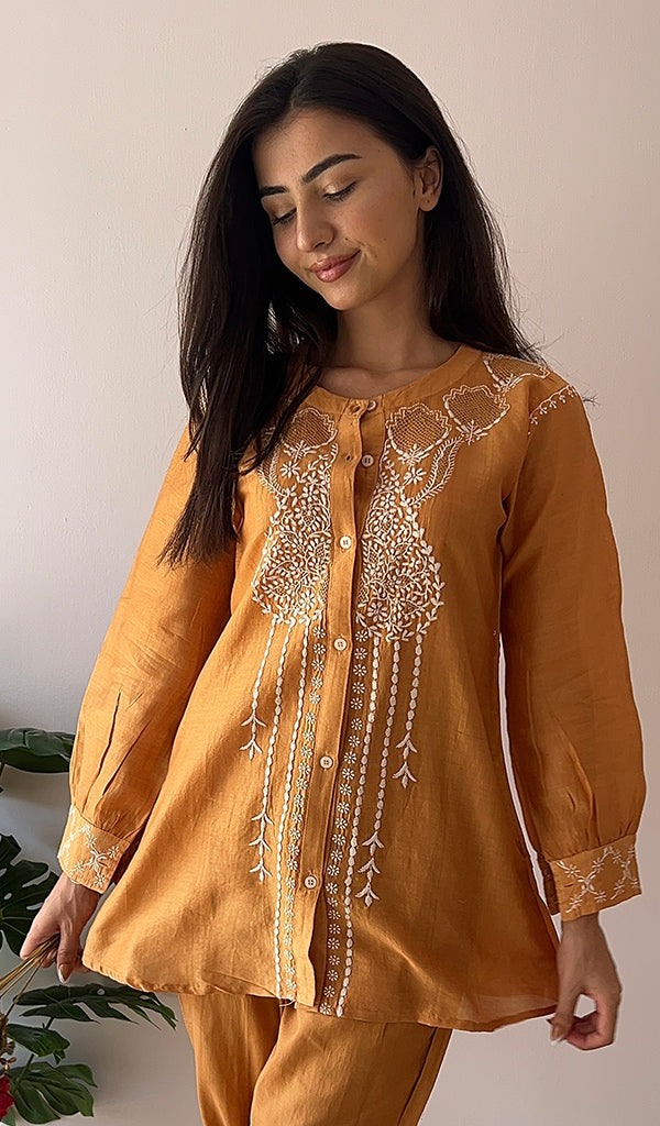 Sarah Women's Lakhnavi Handcrafted Chanderi Silk Chikankari Top And Pant Set - HONC0343883