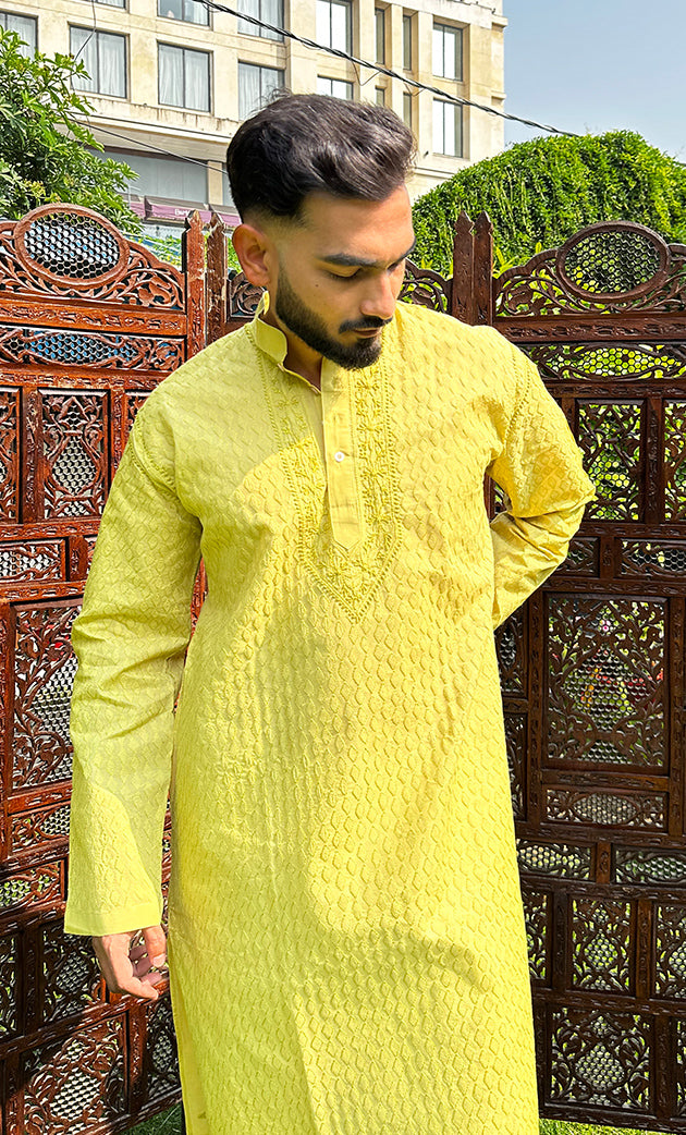 Men's Lucknowi Handcrafted Cotton Chikankari Kurta - HONC02606620