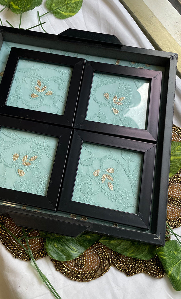 Handcrafted Chikankari Embroidered Wooden Coaster Set – (Set of 4) - HONC0237749