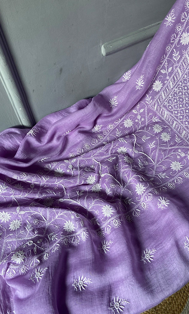 Women's Lakhnavi Handcrafted Mul Chanderi Unstitched Chikankari Full Suit Material - HONC0278008