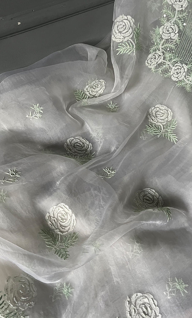 Women's Lakhnavi Handcrafted Pure Organza Chikankari Unstitched Kurta And Dupatta Set- HONC0297175