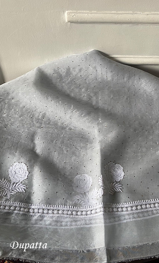 Rose Women's Lakhnavi Handcrafted Pure Organza Chikankari Unstitched Kurta And Dupatta Set- HONC0337709