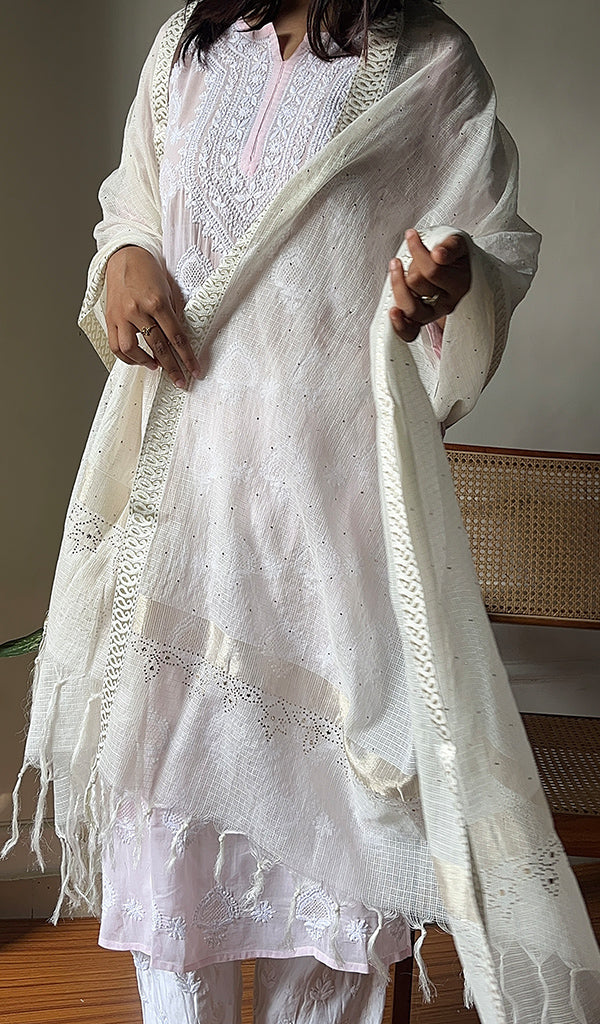 Women's Lakhnavi Handcrafted Kota Chanderi Chikankari Dupatta - HONC0276569