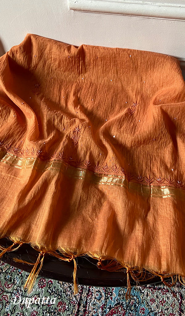 Women's Lakhnavi Handcrafted Mul Chanderi Unstitched Chikankari Full Suit Material - HONC0328109