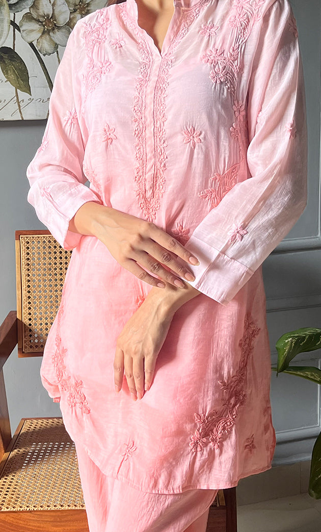 Women's Lakhnavi Handcrafted Muslin Chikankari Kurta And Pant Set - HONC0300572