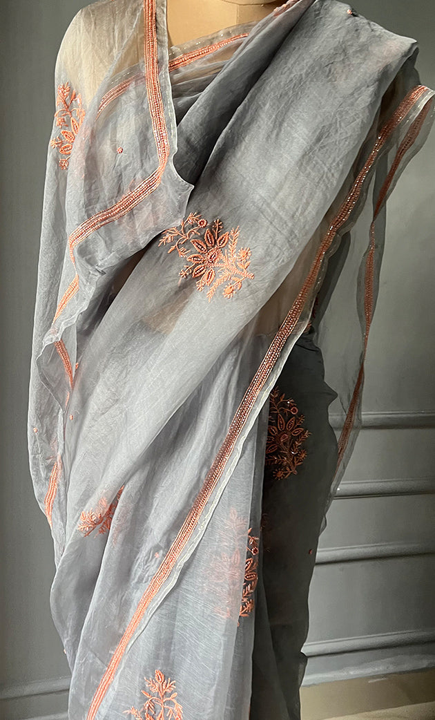 Women's Lucknowi Handcrafted Pure Organza Silk Chikankari Saree - HONC0283196