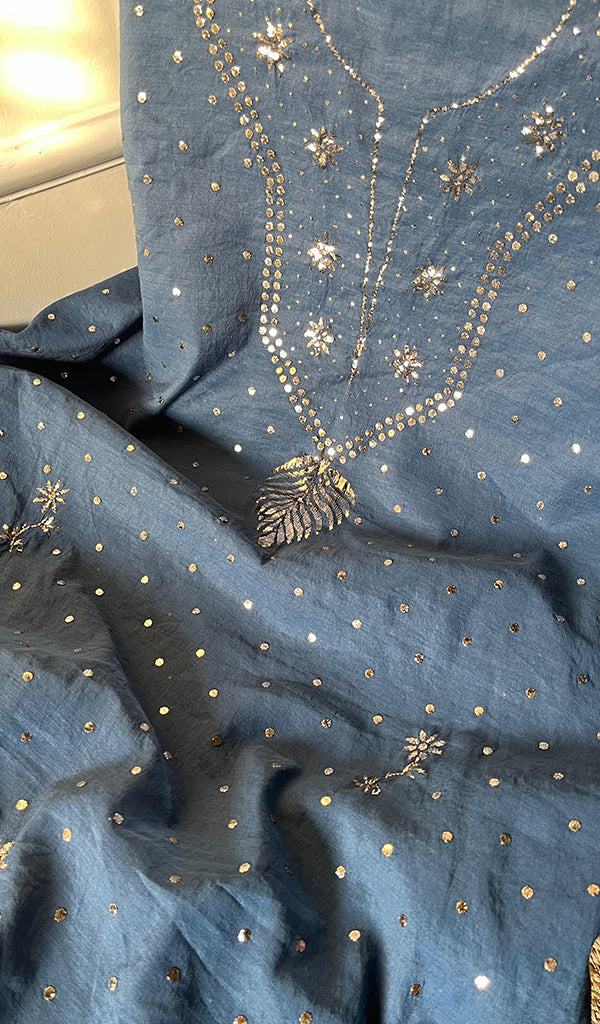Women's Lakhnavi Handcrafted Mul Chanderi Unstitched Kurta And Dupatta Set - HONC0289412