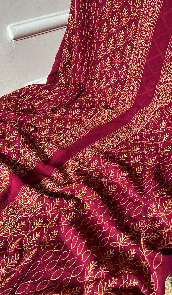 Lucknowi Handcrafted Pure Silk Georgette Chikankari Unstitched Men's Kurta Fabric - HONC0172044
