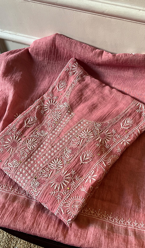 Women's Lakhnavi Handcrafted Tissue Chanderi Semi - Stitched Kurta And Dupatta Set - HONC0267045