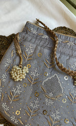 Load image into Gallery viewer, Grey Chikankari Embroidered Potli Bag with White Bead Tassels - HONC0317190

