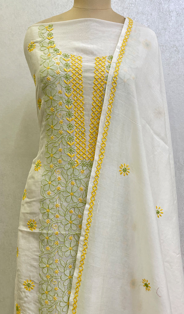 Women's Lucknowi Handcrafted Chanderi Silk Chikankari Kurta Dupatta Fabric - HONC067434