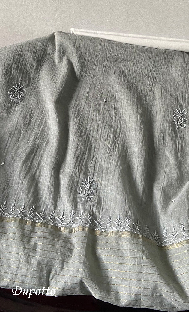 Women's Lakhnavi Handcrafted Mul Chanderi Unstitched Chikankari Full Suit Material - HONC0328320