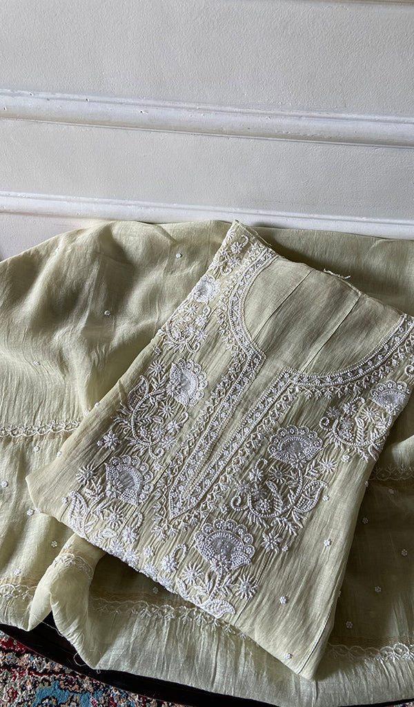 Women's Lucknowi Handcrafted Mul Chanderi Semi - stitched Chikankari Anarkali Full Set - HONC0355631