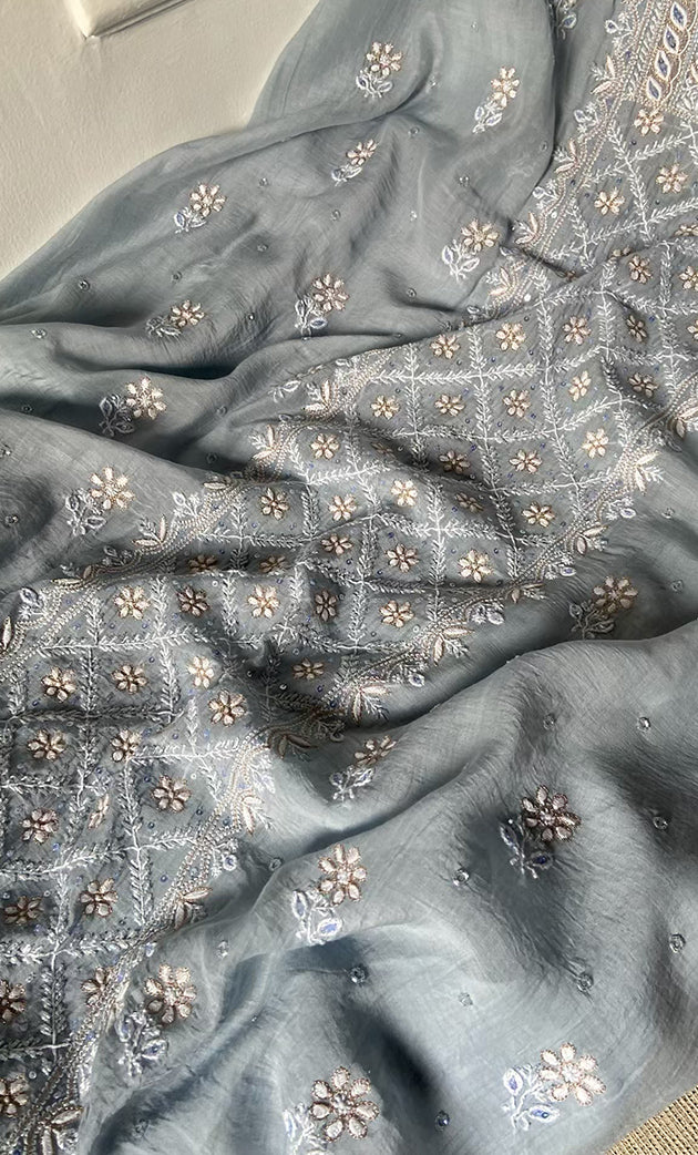 Women's Lakhnavi Handcrafted Mul Chanderi UnStitched Kurta And Dupatta Set - HONC0318519