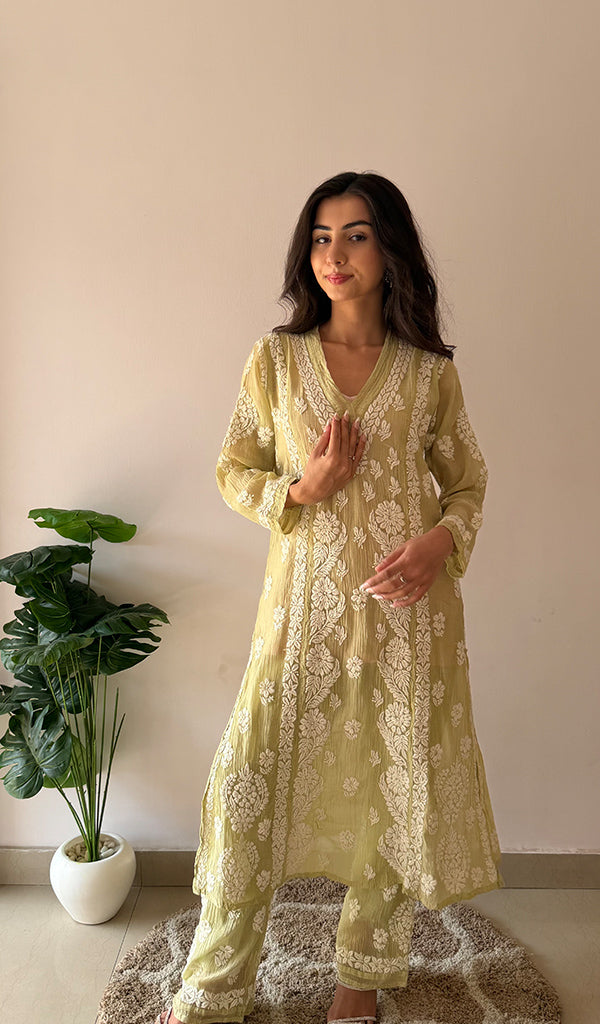 Ziva Women's Lucknowi Handcrafted Mul Chanderi Stitched Chikankari Kurta And Plazzo Set-  HONC0378818
