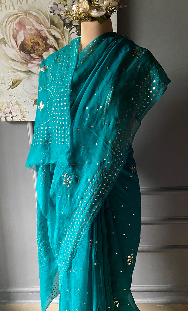 Women's Lucknowi Handcrafted Pure Organza Silk Chikankari Saree - HONC0307594