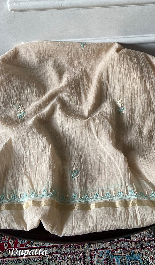 Women's Lakhnavi Handcrafted Mul Chanderi Unstitched Chikankari Full Suit Material - HONC0369252