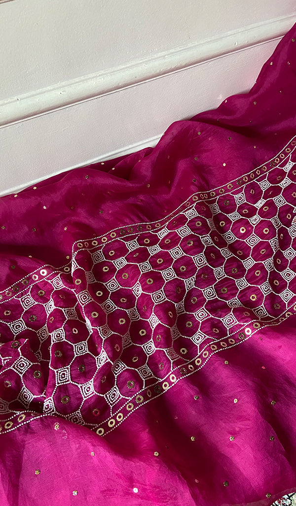 Women's Lakhnavi Handcrafted Pure Organza Chikankari Unstitched Kurta And Dupatta Set- HONC0327734