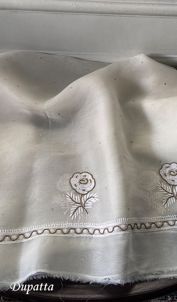 Women's Lakhnavi Handcrafted Pure Organza Chikankari Unstitched Kurta And Dupatta Set- HONC0359794