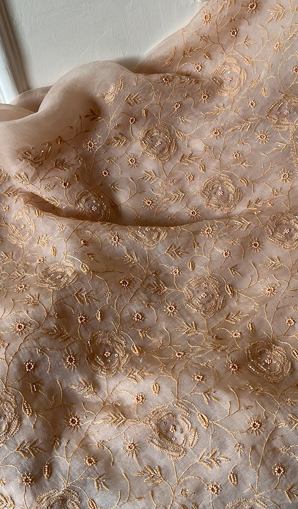 Women's Lakhnavi Handcrafted Pure Organza Chikankari Unstitched Kurta And Dupatta Set- HONC0267058