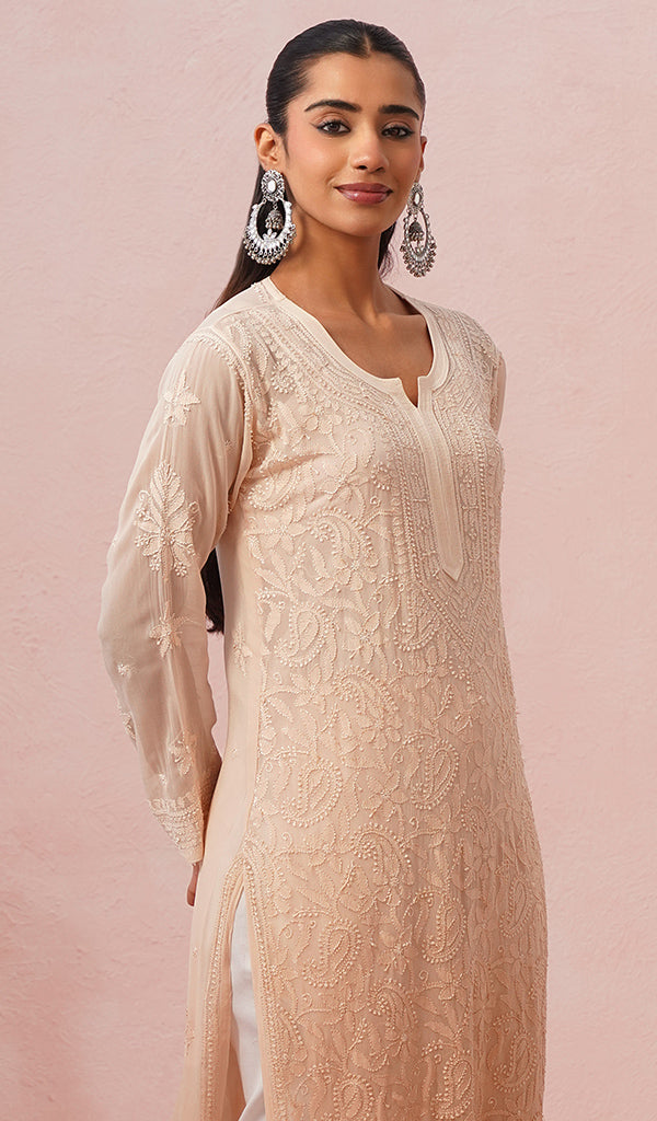 Safiya Women's Lakhnavi Handcrafted Viscose Georgette Chikankari Kurti - HONC0574952