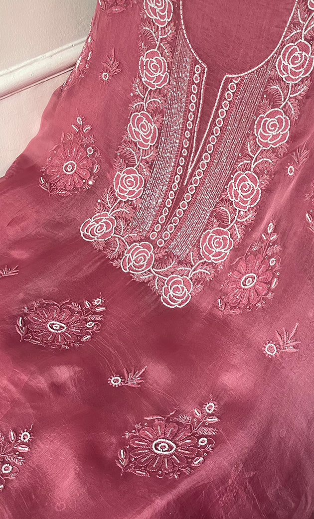 Women's Lakhnavi Handcrafted Pure Organza Chikankari Unstitched Kurta And Dupatta Set- HONC0314168