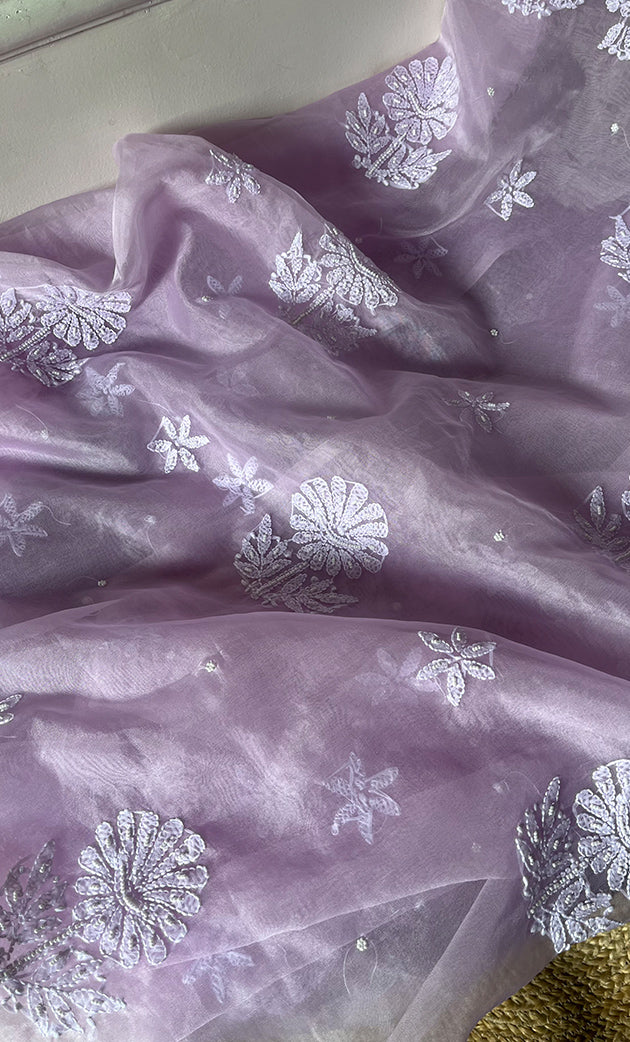 Women's Lakhnavi Handcrafted Organza Chikankari Unstitched Full Suit Material - HONC0284609