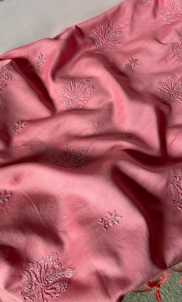 Women's Lakhnavi Handcrafted Chanderi Silk Unstitched Chikankari Kurta And Dupatta Set - HONC0307156