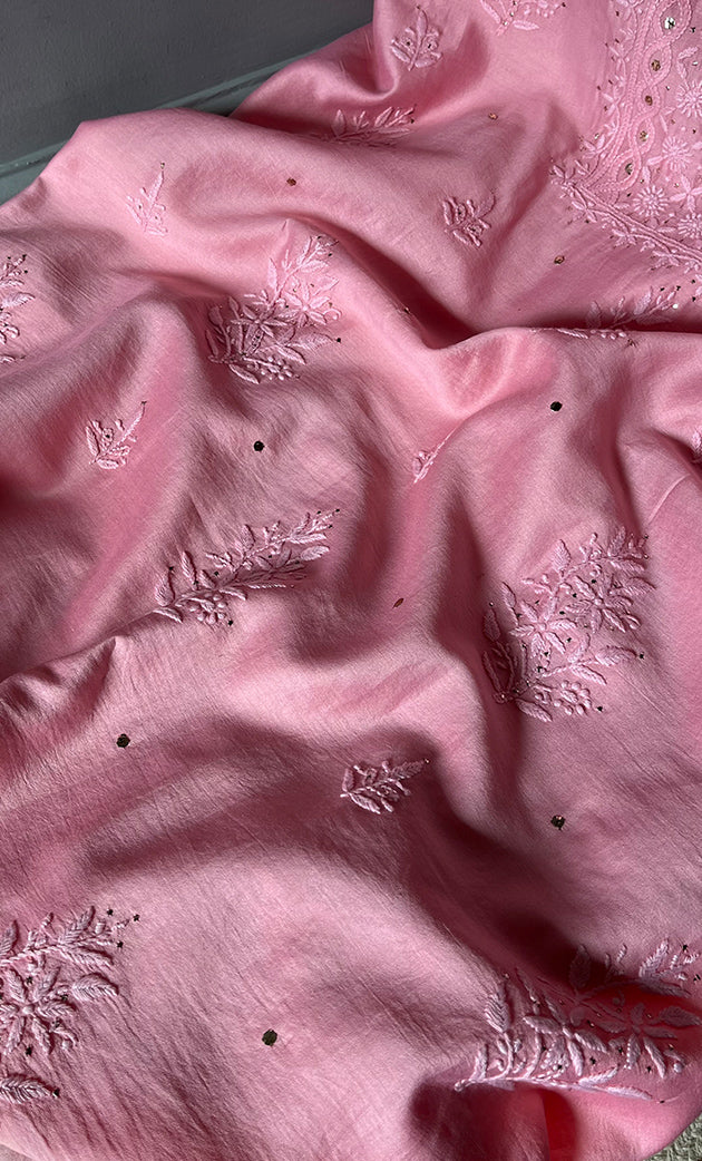 Women's Lucknowi Handcrafted Chanderi Silk Unstitched Chikankari Full Suit Material - HONC0287070