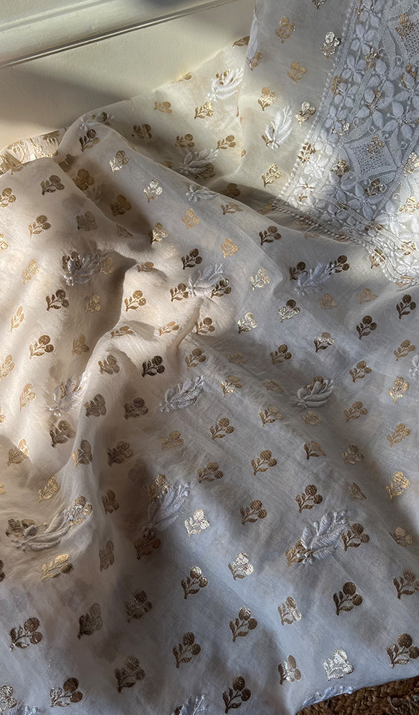 Women's Lucknowi Handcrafted Chanderi Silk Chikankari Kurta Dupatta Set - HONC0295425