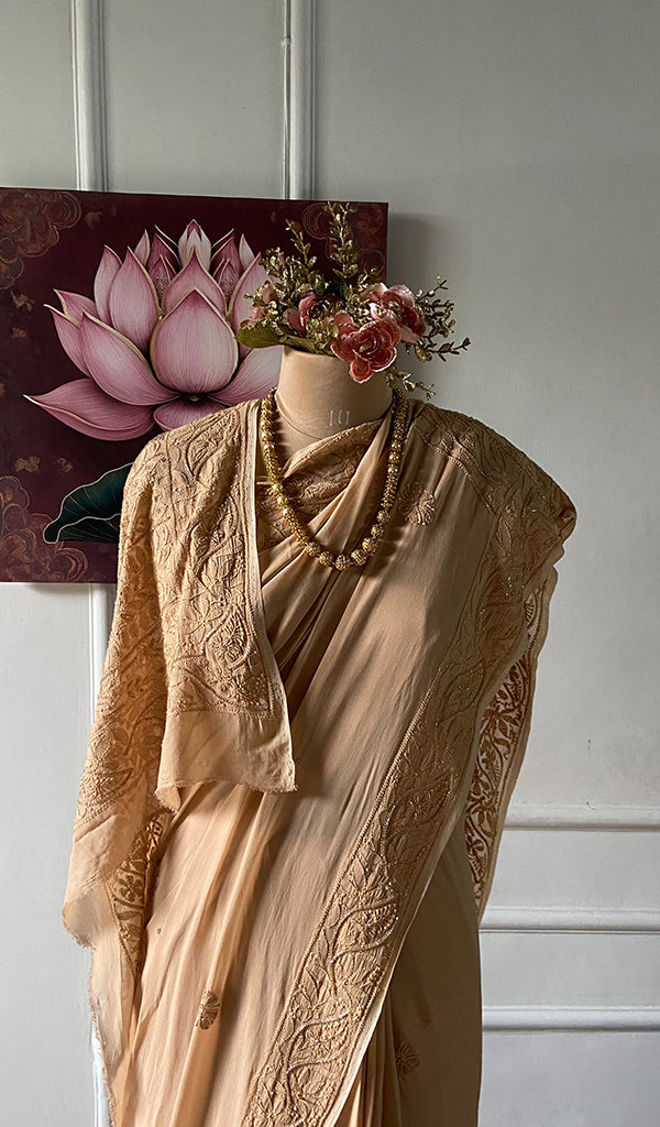 Women's Lakhnavi Handcrafted Viscose Georgette Chikankari Saree - HONC0337522