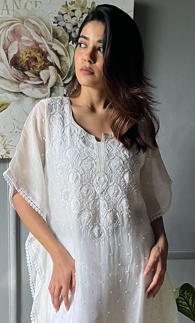Women's Lucknowi Handcrafted Mul chanderi Chikankari Kaftan - HONC0303414