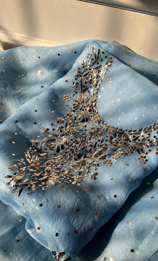 Marifa Women's Lakhnavi Handcrafted Pure Organza Chikankari Unstitched Kurta And Dupatta Set- HONC0294044