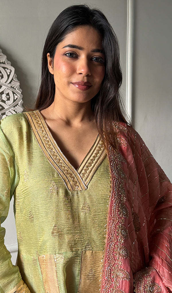 Women's Lakhnavi Handcrafted Tissue Chanderi Silk  Chikankari Stitched Anarkali , Dupatta And Pant Set - HONC0340595